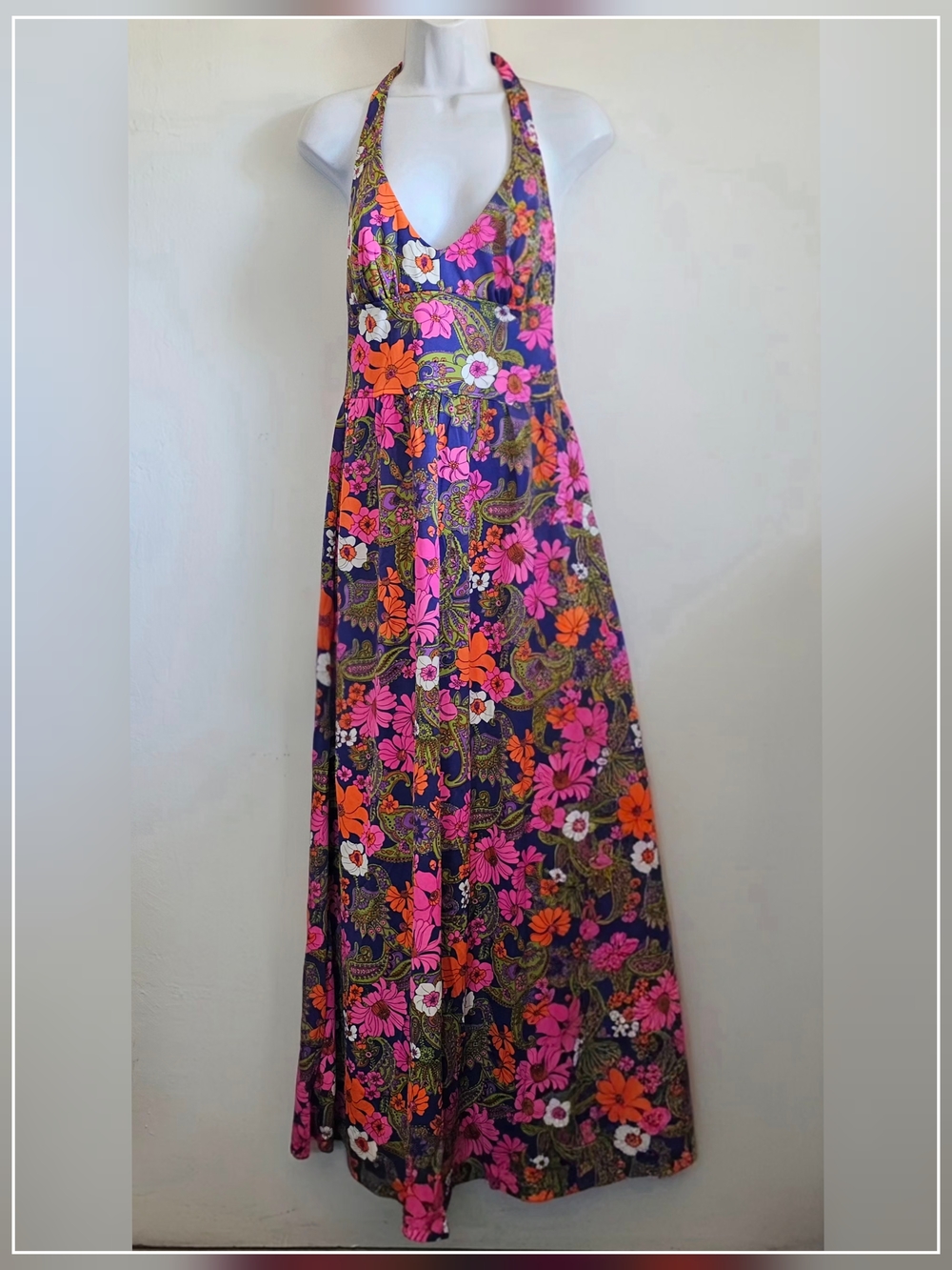 Authentic 1960s Floral Halter Dress Hong Kong Made Size 15/16